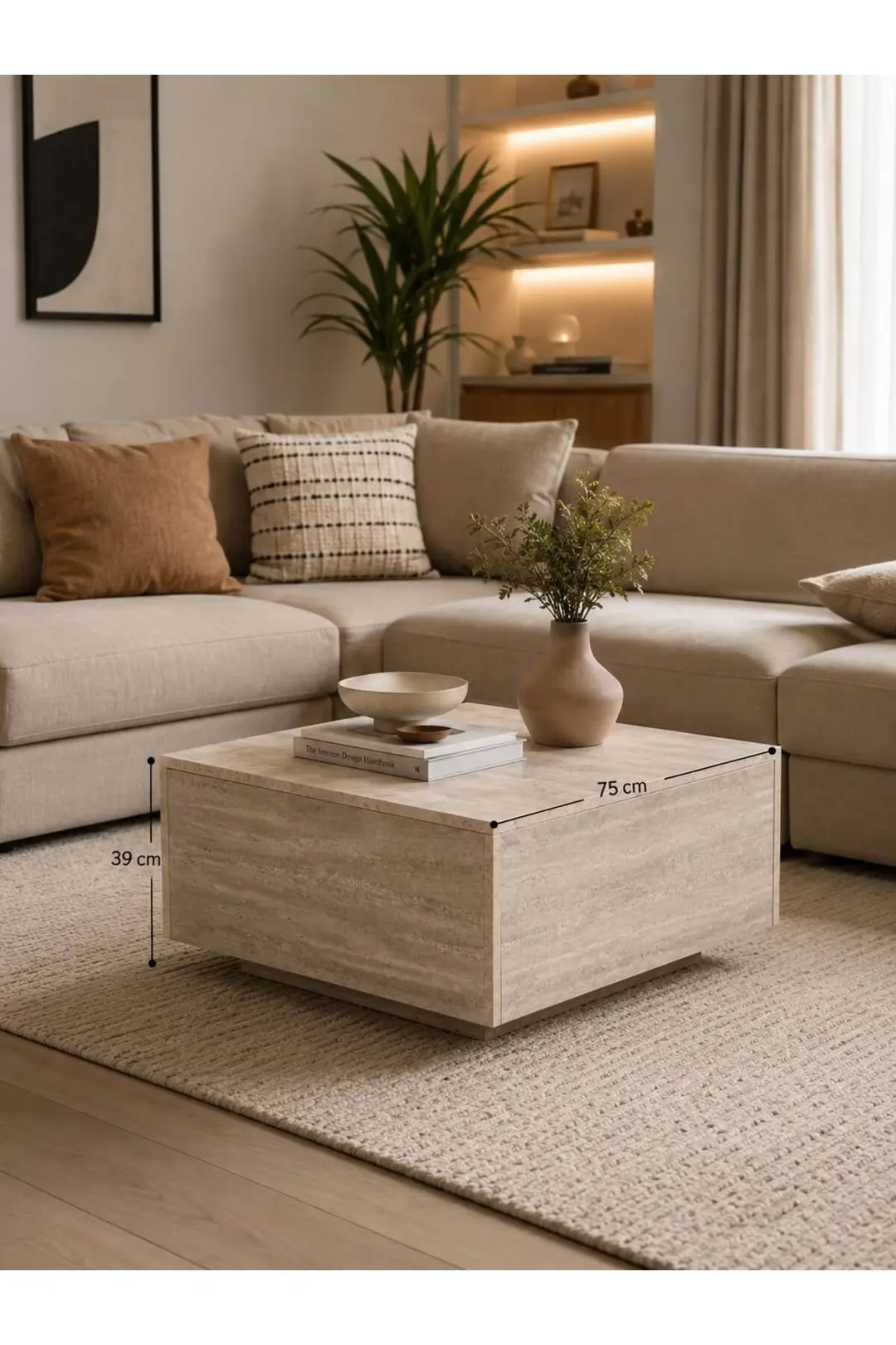 Block Traverten Orta Sehpa 75*75 cm | Modern Kare Salon Sehpası | Dekoratif Orta Masa